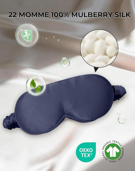 SilkSilky 100% 22 Momme Mulberry Silk Sleep Mask – Upgraded 3D Contoured Eye Mask with Nose Wing Pads & Adjustable Strap, Luxury Blackout Eye Cover for Women & Men (Dark Blue)