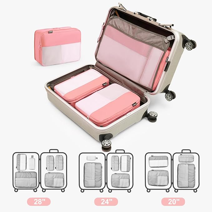 6 Set Compression Packing Cubes for Travel Essentials, Luggage Organizers for Suitcases (Dusty Pink)