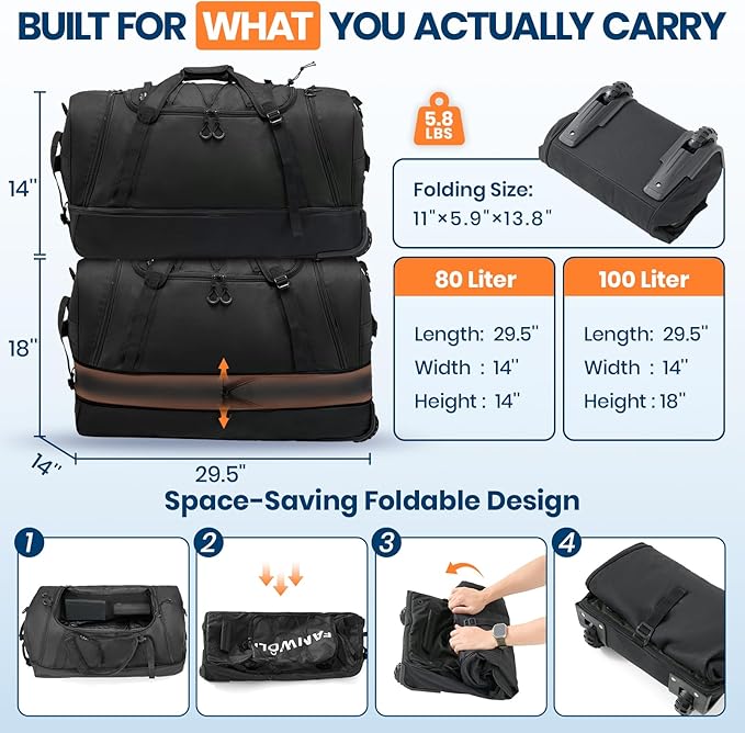 Fanwoli 85L 100L Large Rolling Duffle Bag with Shoes Compartment, 30’’ Expandable & Foldable Heavy Duty Water Resistant Travel Backpack, Convertible Foldable Duffel for Gym Camping Weekender