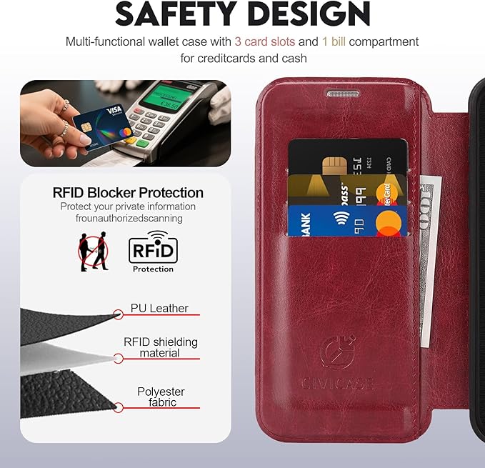 CIVICASE for iPhone 16 Pro Max Wallet Case with Stand,PU Leather Flip Credit Card Holder Slots (RFID Blocking),Compatible with Magsafe Magnetic Holder Phone Cover Women Men,Wine Red