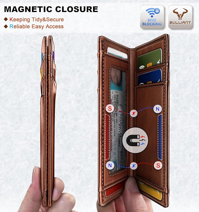 BULLIANT Slim Wallet For Men 12Cards,Magnetic Flip Build-in Money Clip Airtag Compatible-RFID Blocking