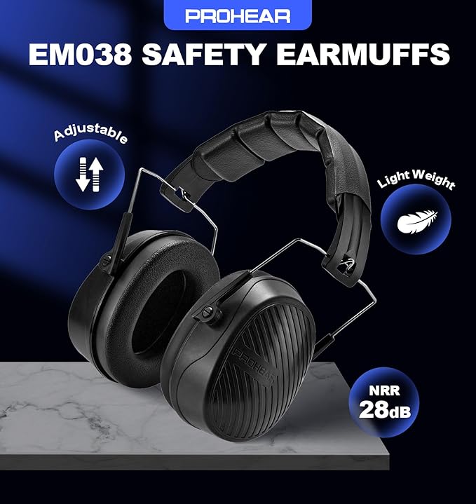 PROHEAR 038 Ear Protection Safety Earmuffs for Mowing, 28dB Noise Reduction Passive Hearing Protector, Compact Foldable Headset for Shooting Construction Power Tools, Black