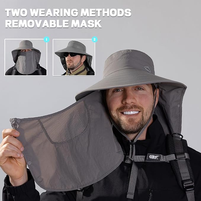 Rosoz Sun Hat for Men Women with Neck Flap,Wide Brim UPF50+ Fishing Hat with Detachable Face Cover Outdoor Sun Protection Hat