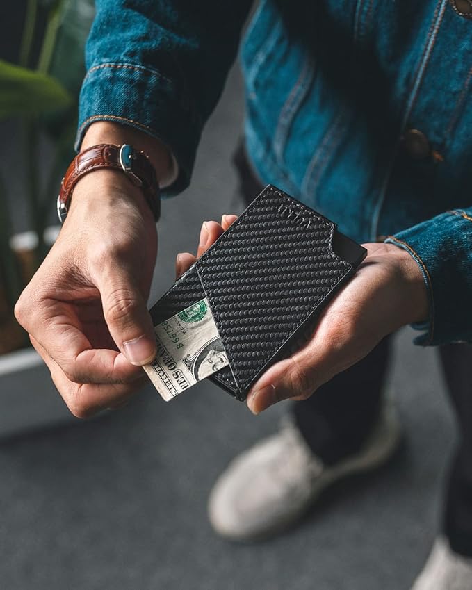 VULKIT Pop up Card Wallet RFID Blocking Slim Aluminum Metal Bank Card Holder Case with Business Money Pocket for Credit Cards Notes and Coins (Carbon Fiber Black)