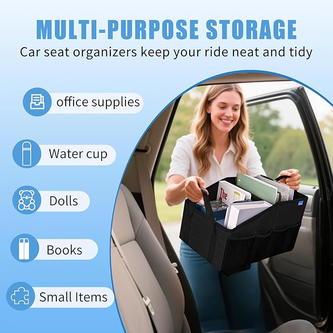 Car Organizer- Car Seat Organizer for Front Seat Back Seat Between Seats, Foldable Car Storage Organizer for Kids Adults with Multi-Mesh-Pockets-Car Organizers Backseat with Detachable Divider-Black