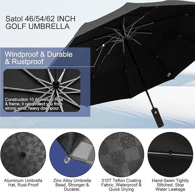 Satol 46/54/62 Inch Large Golf Umbrella, Windproof 10 Ribs Automatic Open/Close Oversize Double Canopy Vented Portable Folding Travel Umbrellas, UPF 50+ Sun & Rain Compact Umbrellas for Outdoor