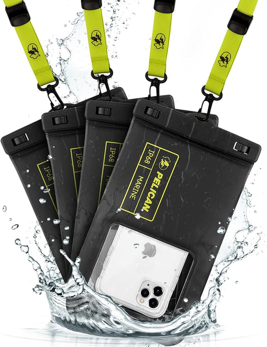 Pelican 4 Pack Marine - IP68 Waterproof Phone Pouch (XL Size) Floating Waterproof Phone Case - Beach Cruise Ship Travel Essentials - Works with All Phones - Detachable Lanyard - Black/Hi-Vis Yellow