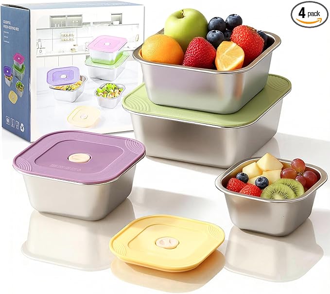 4-Piece Stainless Steel Snack & Lunch Box with Lids Set, Stackable Metal Food Storage Containers with Lids, Airtight Leakproof Lunch Containers , Dishwasher Safe Bento Box(Size 4.5", 5.5", 6.3", 7")