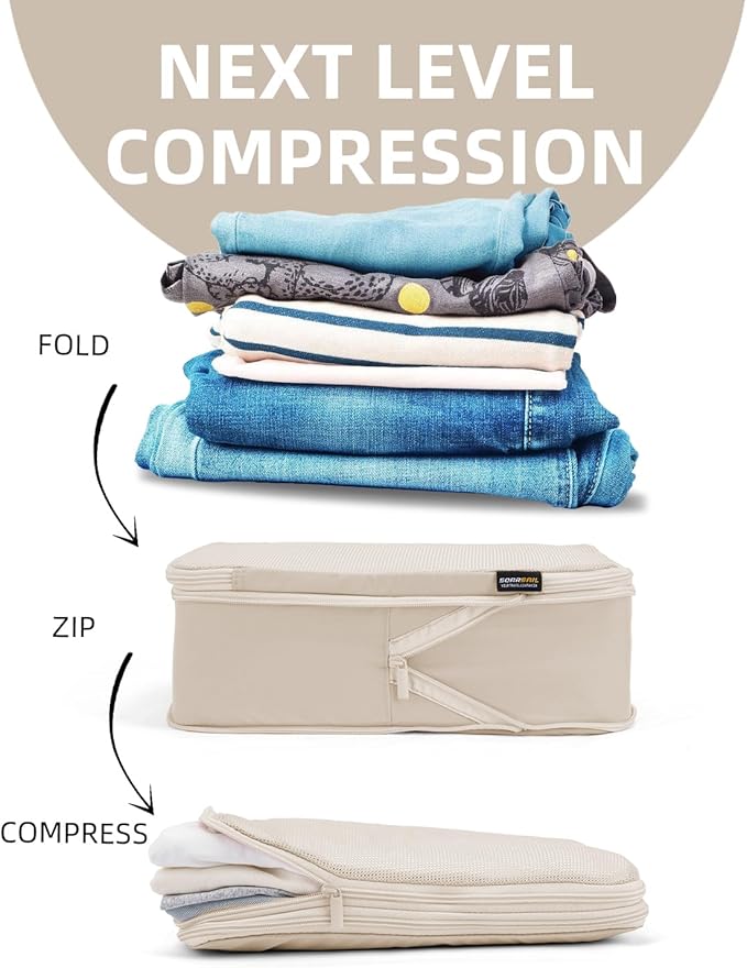 6 Set Compression Packing Cubes for Travel, Large Medium Small Luggage Organizers, Storage Bags for Clothes (6 Pack, Cream White)