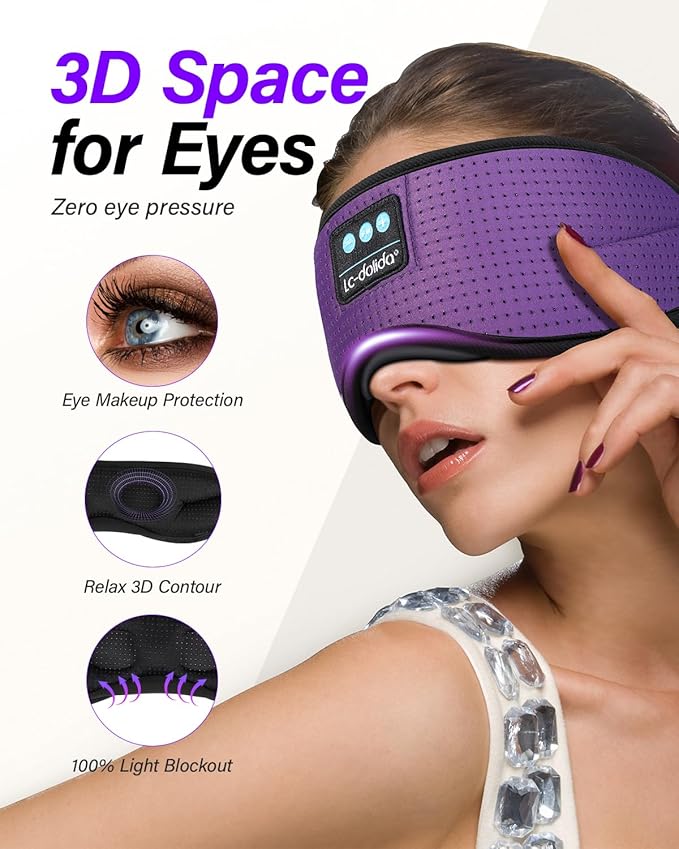 LC-dolida Sleep Headphones, White Noise Bluetooth Sleep Mask 3D Breathable Wireless Eye Mask for Timing, Sleep Mask with Bluetooth Headphones for Side Sleepers Travel Yoga, Cool Gadgets for Women Men