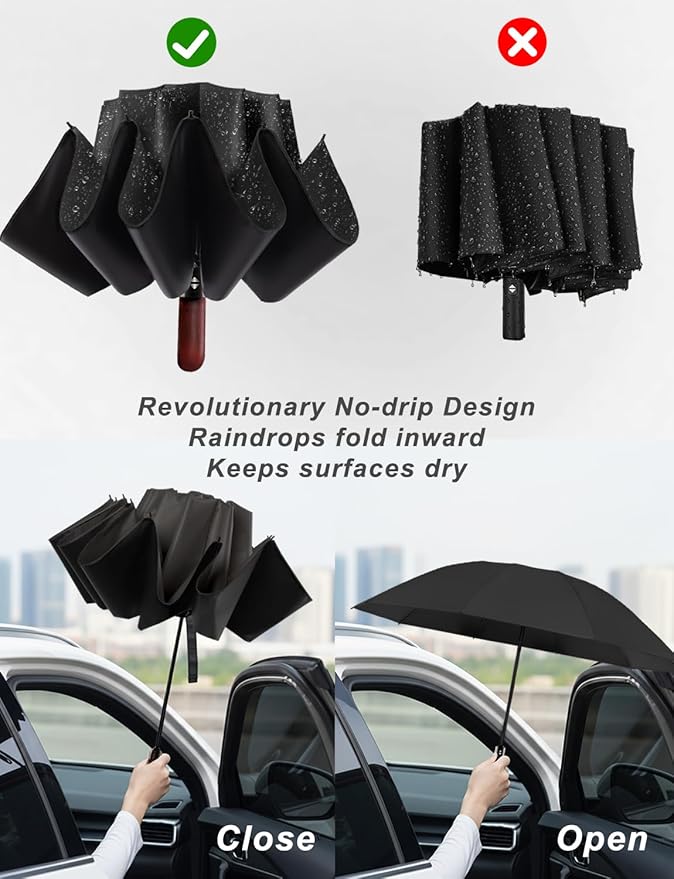 SoulRain 10 Ribs 46" Travel Sun & rain Automatic Reverse Umbrella, for Windproof Umbrella, Compact Parasol with 95% UV Protection for women and men