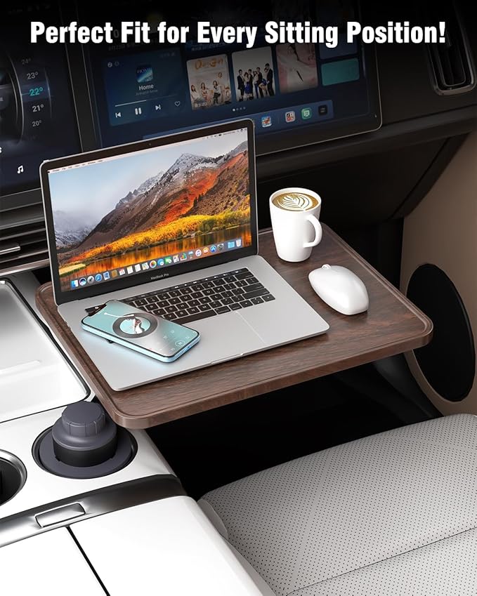 AXVLU Car Desk for Laptop, Cup Holder Table with 360° Rotation - Wooden Car Laptop Mount, Car Table & Car Food Tray Compatible with Tesla Model Y/3/S & Most Vehicles