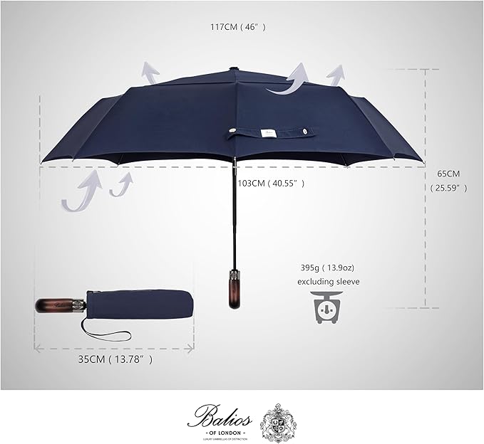 Balios Travel Folding Umbrella with Real Wood Handle Auto Open Close Vented Windproof Canopy - Designed in UK