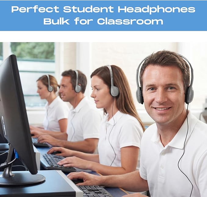 Yunsailing 30 Pack Bulk Over Ear Headphones Set On Ear Headsets Earphones with Adjustable Headband and 3.5mm Plug for Group Learning, Computer Lab, Library, Online Lesson (Grey)