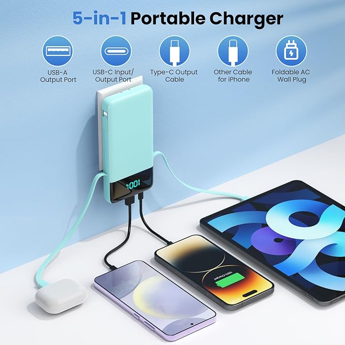 Portable Charger for iPhone with Built in Cables and Wall Plug,Upgraded 13800mAh Fast Charging USB C Power Bank,4 Outputs Travel Essential Battery Pack Compatible with iPhone 17/16/15/14,Samsung-Green