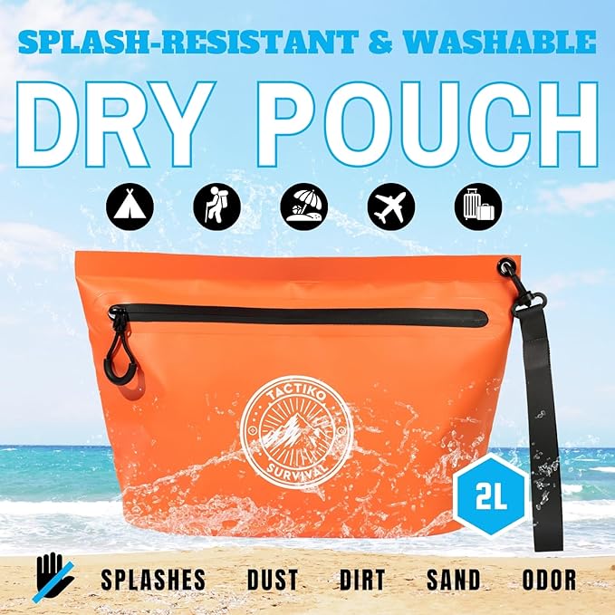 Tactiko 3L Water Resistant Pouch - Waterproof Material w/Splashproof Zipper - Hold All Zipper Bag for Storage, Toiletries, Travel, Beach, Cruise, Home (Orange)
