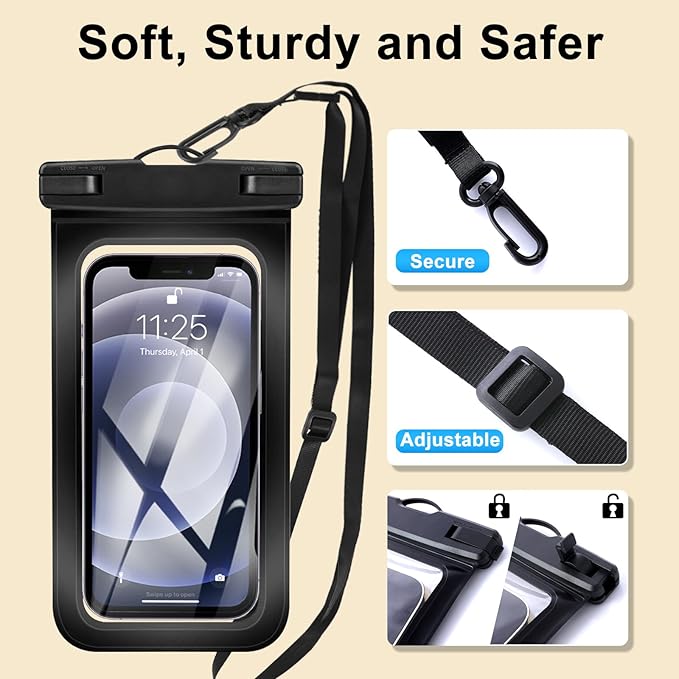 2 Pack Waterproof Phone Pouch with Adjustable Lanyard for iPhone 17 16 15 14 13 12 Pro Max, for Samsung Galaxy S25/S24 up to 7.5", IPX8 Water Proof Phone Case Dry Bags Black/Black