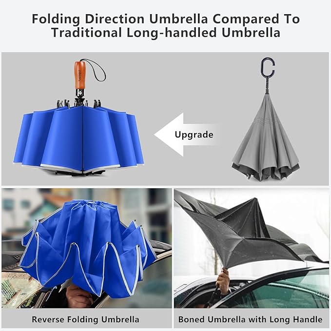 Lejorain Golf Large Inverted Umbrella - Black Big Windproof Heavy Duty Upside Down 46/50/54 Inch Compact Reverse Car Automatic Folding Reflective Umbrella