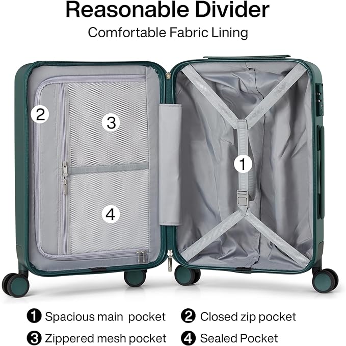 Hanke 20 Inch Carry On Luggage 22x14x9 Airline Approved PC Hard Shell Suitcases with Wheels TSA Luggage for Women Men Lightweight Travel Luggage(Blackish Green)