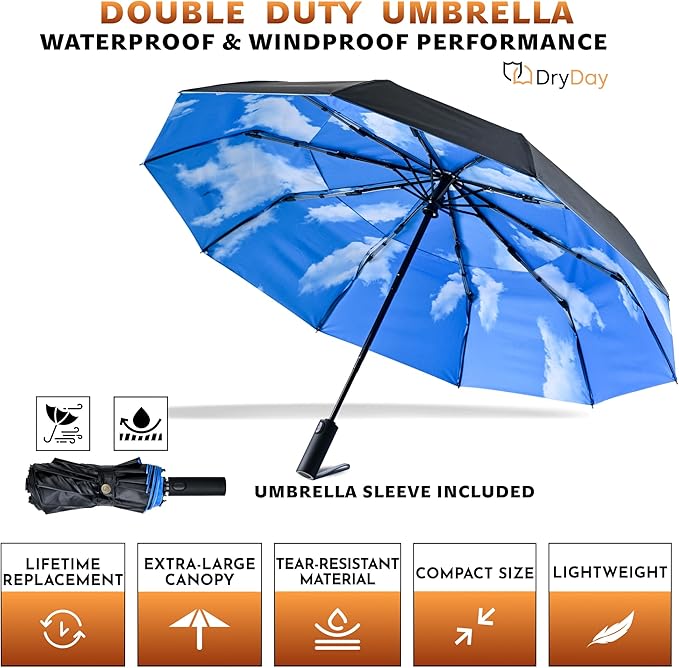 DryDay Travel Umbrellas for Rain - Large Windproof Double Canopy Umbrella, 10 Durable Ribs, Strong Frame, Auto Open Close Ergonomic Handle, Compact Waterproof Umbrella for Women & Men