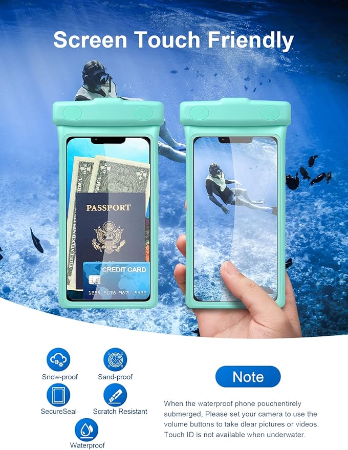 wellhouse Waterproof Phone Pouch, Waterproof Phone Case for iPhone 16 15 14 13 12 Pro Max XS Samsung, IPX8 3D Cellphone Dry Bag Beach Essentials (2 Pack -Earl Blue & Green 7.0", 7 inch)