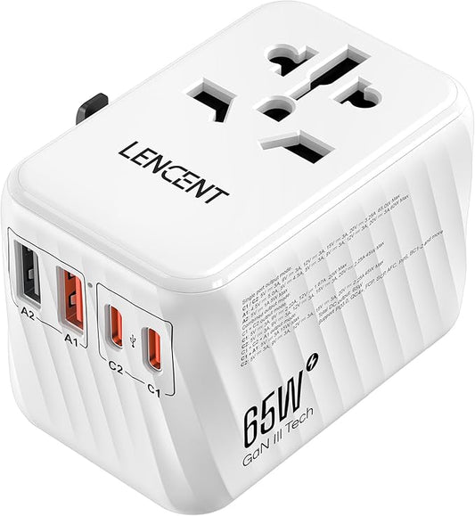 LENCENT Universal Travel Adapter, 65W GaN International Fast Charger with 2 PD3.0 Type C+2 QC USB A, Worldwide Power Adaptor for Phones,Laptops, All in One Travel Essentials for EU/USA/UK/AU, White