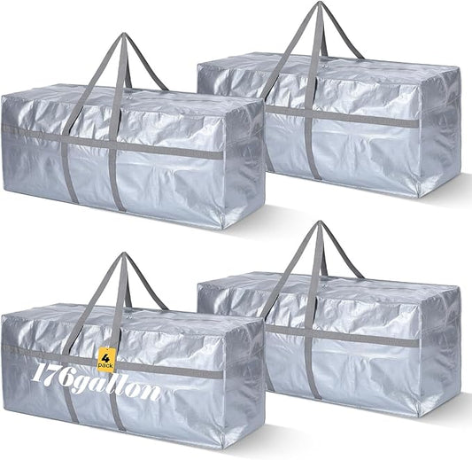4 Pcs 176 Gallon Large Moving Bags with Zipper and Handles Foldable Storage Duffle Bags Heavy Duty Extra Large Totes for College Dorm Travel Clothes Blankets Bedding Moving (Silver)
