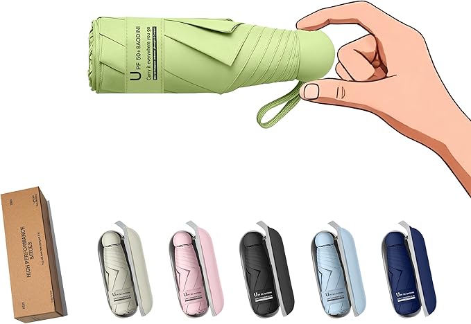 BAODINI Travel Essentials Mini Umbrella for Purse With Case Small Compact UV Sun Protection Lightweight Tiny Pocket Manual Open Close Umbrella for Women Kids and Men Fit Purse Backpack