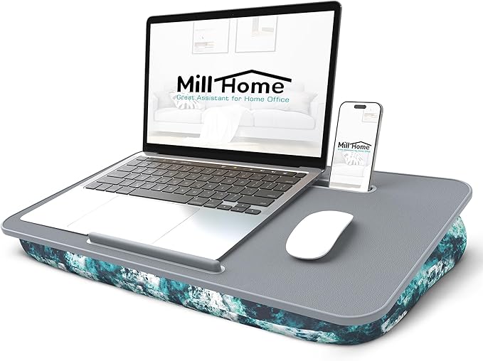 Millhome Lap Desk | Portable Laptop Desk – Fits Up to 17.3" Laptops –Detachable & Washable, Phone Holder, Device Ledge – for Writing, Working, Reading on Bed, Couch, Sofa, Floor – Blue Waves