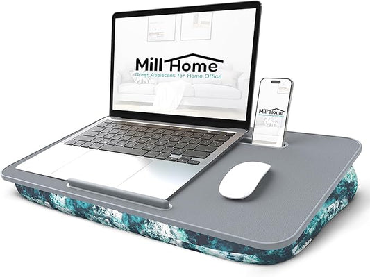 Millhome Lap Desk | Portable Laptop Desk – Fits Up to 17.3" Laptops –Detachable & Washable, Phone Holder, Device Ledge – for Writing, Working, Reading on Bed, Couch, Sofa, Floor – Blue Waves