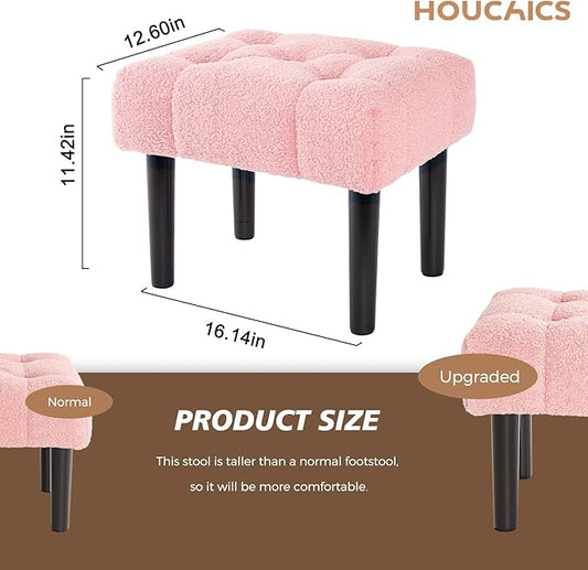 HOUCHICS Fur Padded Foot Stool, Small Ottoman Foot Rest with Wooden Legs,Modern Rectangle Chair Foot Rest Foot Step Stool for Living Room, Couch, Desk(Pink)