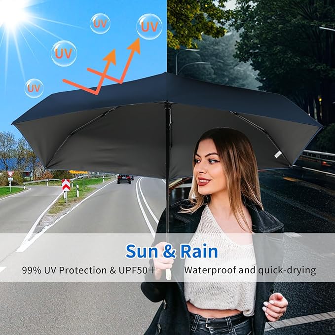 Compact Mini Windproof Travel Umbrella-UPF 50+ Sun & Rain Protection, Small Folding Design Fits in Pocket or Purse, Lightweight Portable with Case for Women, Men & Kids