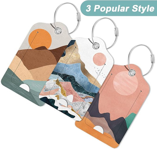 Rimilak 3 Pcs PU Leather Luggage Tags for Suitcase, Travel Cruise Luggage Tag with Privacy Flap, Name ID Label and Metal Loop for Women Men Baggage Handbag School Bag Backpack, Setting Sun