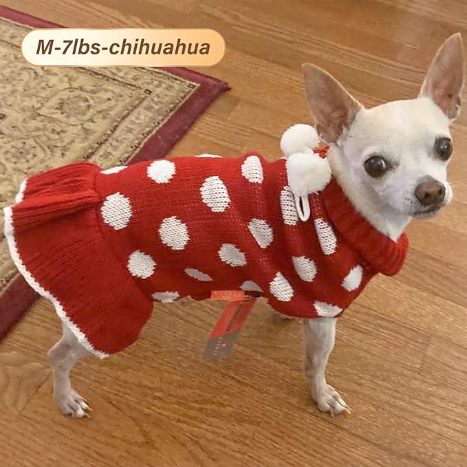 KYEESE Dog Sweaters for Girl Small Dogs with Leash Hole Turtleneck Red Dog Sweater Dress Polka Dot Knit Pullover Warm Pet Sweater
