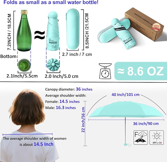 BAODINI Travel Essentials Mini Umbrella for Purse With Case Small Compact UV Sun Protection Lightweight Tiny Pocket Manual Open Close Umbrella for Women Kids and Men Fit Purse Backpack
