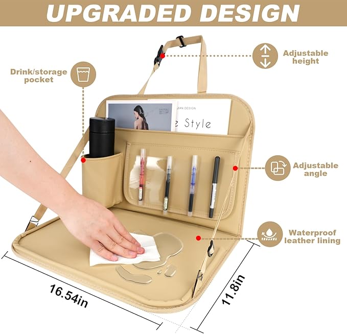 GMQ Backseat Car Organizer with Detachable Steering Wheel Tray 1 Pack,Car Back Seat Laptop Desk, Multifunctional Office Bag,Back Seat Car Storage & Tablet Holder for Kids (Beige)