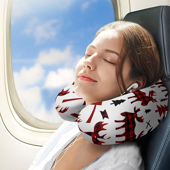 Memory Foam U-Shaped Travel Pillow Neck Pain Relief, Buffalo Plaid Woodland Moose Art U-Shape, Removable Cover Airplane Car Office