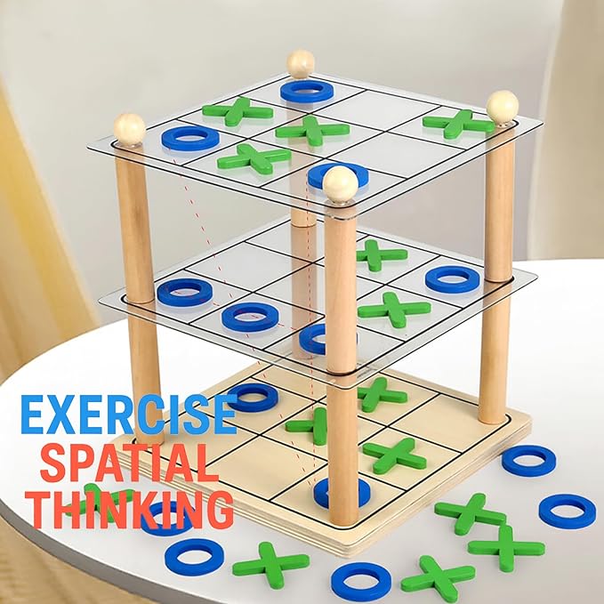 3D Ultimate Wooden Tic Tac Toe Board Game – Classic XO Strategy Game for Kids & Adults, Fun Family Table Games Night, Durable Wooden Tabletop Game