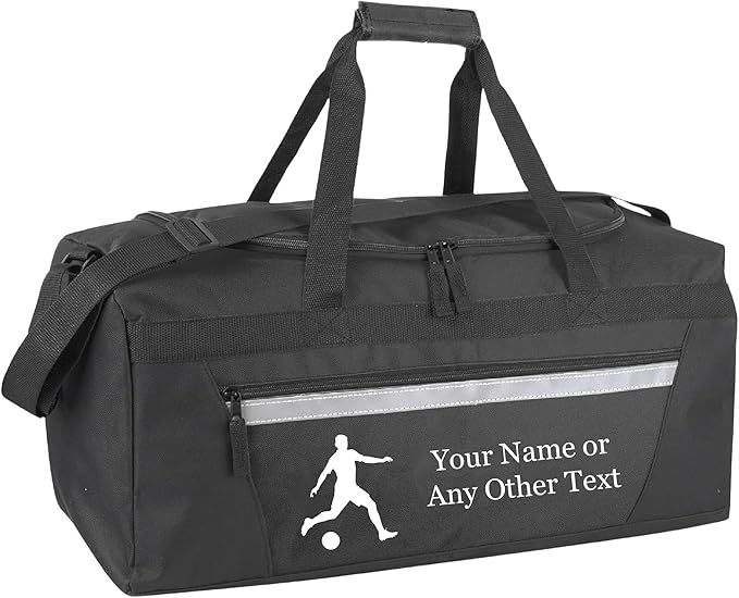 Personalized Sports Duffel Bags for Men and Women - 22” Customized Travel Duffle with Name & Soccer Design - Water Resistant Two-Toned Overnight Weekender Bag - Black