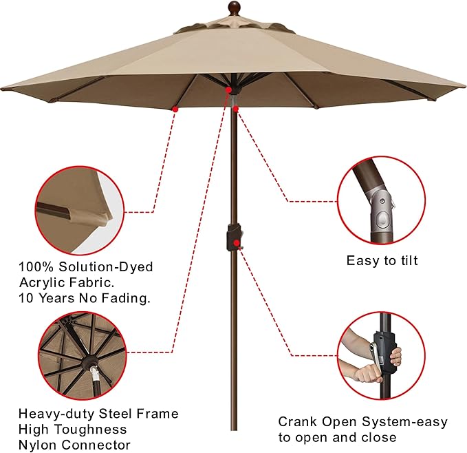 EliteShade USA 10-Year-Non-Fading 9Ft Market Umbrella Patio Umbrella Outdoor Table Umbrella with Ventilation, Heather Beige