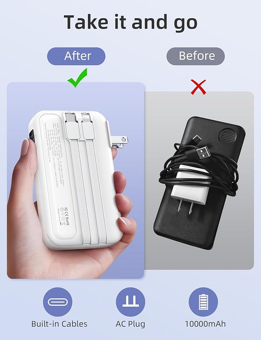 RORRY Portable Charger Built in Cables, AC Wall Plug In Portable Charger Power Bank 10000mAh Travel Battery Pack 22.5W Fast Charging for iPhone 17/16/15 Samsung Galaxy S24/S23/S22 Pixel LG iPad, White