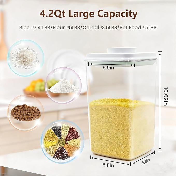Hontent Pop Airtight Food Storage Containers with Lids Stackable Containers for Kitchen Pantry Organization Ideal for Cereal Snacks Flour Sugar Coffee and Spaghetti (gray, 4.2qt)
