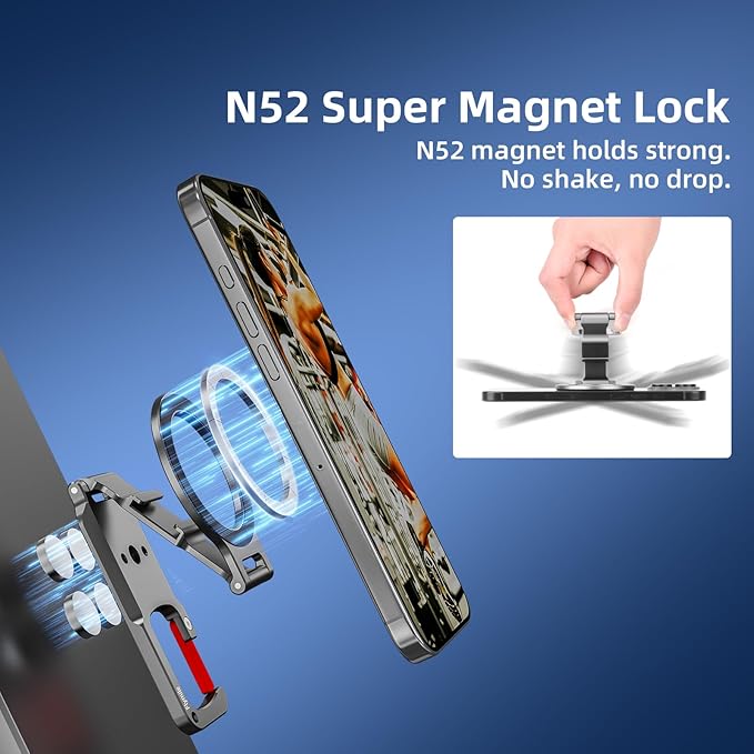 Magnetic Phone Mount for MagSafe, Maglock Tripod Adapter Magnet Golf Gym Workout Stand Metal Carabiner Dual Holder with 1/4 Screw Hole, for iPhone 16 15 14 13 12 Series Foldable Portable Accessories