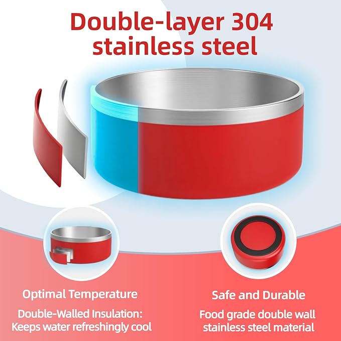Dog Bowls Medium Sized Dogs-Large Breed 1.9l/64oz Double Layer Stainless Steel Outdoor Dog Water Bowl,Puppy Insulated Food Bowl,with Non-Slip Bottom and 1pc 8oz Food Scoop (Red, 64 oz)