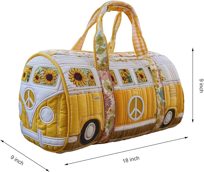 Hippie Journey Quilted Duffel Bag Hippie Van Travel Duffel Bag Vintage Floral Weekender Overnight Bags Women Gym Bags