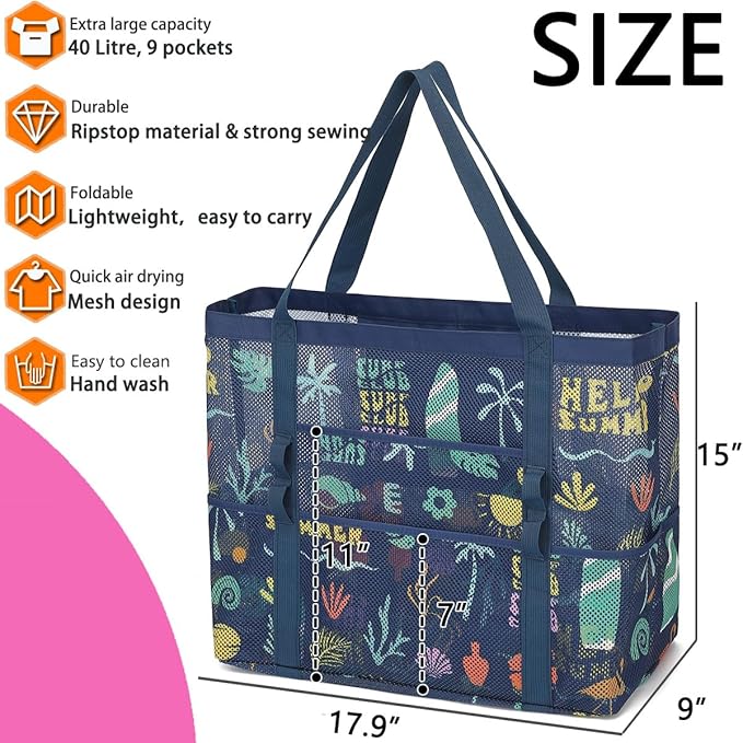 Mesh Beach Bag, Large Beach Tote with Zipper Pocket for Family Pool Bag for Toys & Vacation Essentials