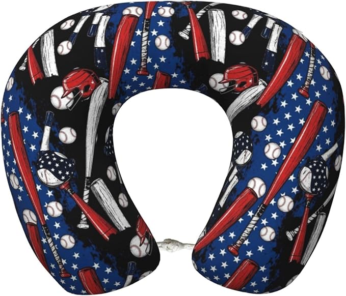 Neck Travel Pillow, Breathable Memory Foam Chin & Head Support Cushion Patriotic USA Retro American Flag Baseball Print Art for Airplane Car Sleeping Rest