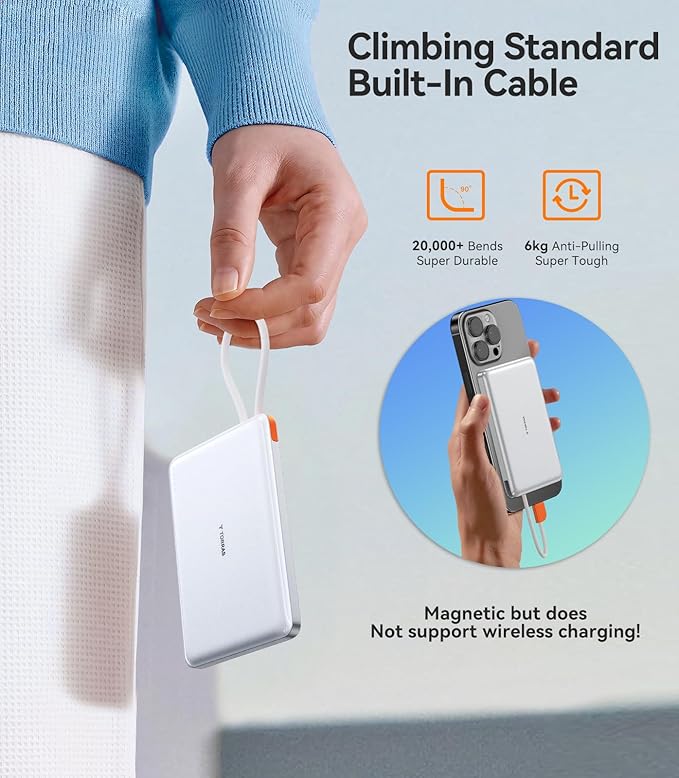 TORRAS Power Bank with Built-in USB-C Cable (No-Wireless), Ultra-Slim 10,000mAh Portable Charger USB C, 22.5W Fast Charging Battery Pack for iPhone 17/16/15 Series, Phone air, Galaxy, Pixel, White
