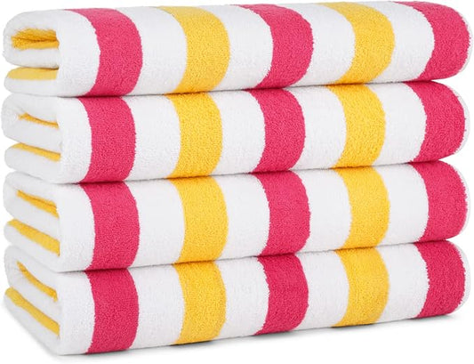 Arkwright Cabo Cabana Stripe Beach Towel - Pack of 4 - Large Soft Quick Dry Cotton Terry Towels for Pool, Swim, and Hot Tub, Oversized 30 x 70 in, Raspberry/Mango