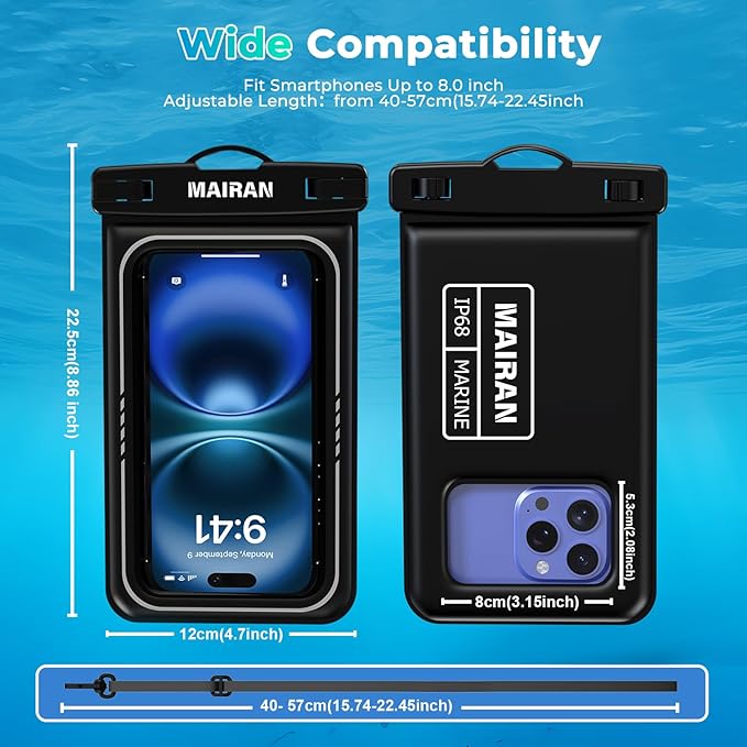 MAIRAN Floating Waterproof Phone Pouch 2Pack, Floatable IPX8 Waterproof Phone Case 8.0" for iPhone 16 15 Pro Max Samsung S25,Cellphone Dry Bags for Vacation Beach Pool Kayak Cruise Travel Essentials